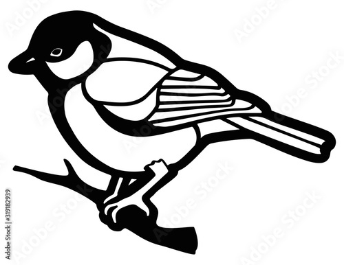 Bird tit sits on a branch. Line graphics. Vector illustration