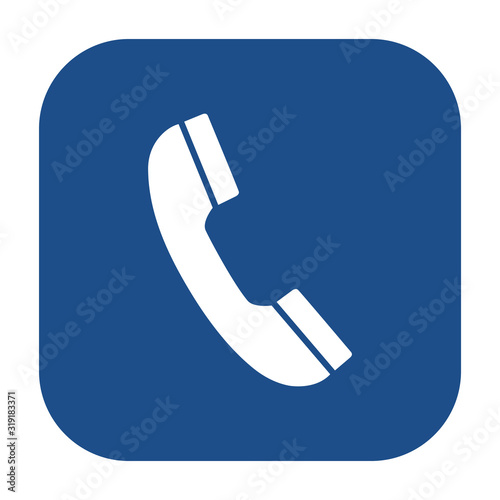 Blue square telephone receiver icon, button on a white background