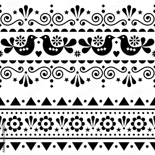 Scandinavian folk seamless vector long pattern, repetitive floral cute Nordic design with birds in black on white background
