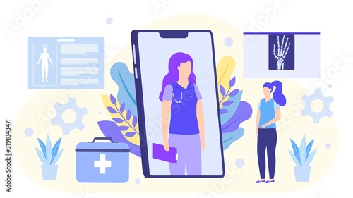 Online doctor vector illustration, doctor consults patient on smartphone. Woman girl in front of huge screen communicates with physician through mobile internet application. Aid kit, hand x ray.