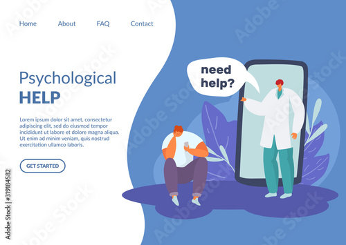 Psychological help online or hotline vector illustration. People doctor psychotherapist and patient sad unhappy depressed man. Huge smartphone or tablet screen. Website internet page banner.