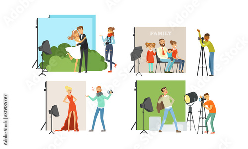 Photo Studio Collection, Male Photographers Taking Pictures of Different People with Professional Equipment Vector Illustration