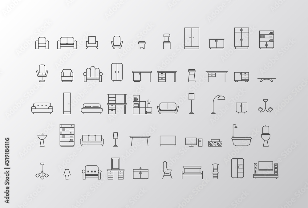 Furniture and home decor icon set in modern flat style drawing with grey lines - obrazy, fototapety, plakaty 
