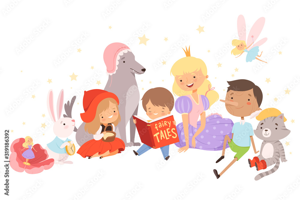 Little Boy Holding Opened Book Reading Fairy Tale with Fairy-tale Characters Sitting Behind Him Vector Illustration Little Boy Holding Opened Book Reading Fairy Tale with Fairy-tale Characters Sitting Behind Him Vector Illustration