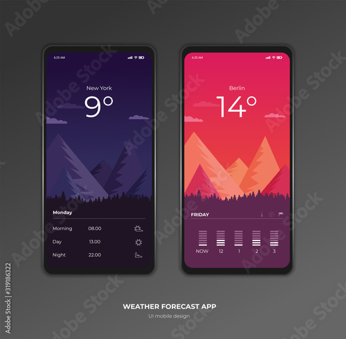 Weather forecast app ux ui design mockup vector