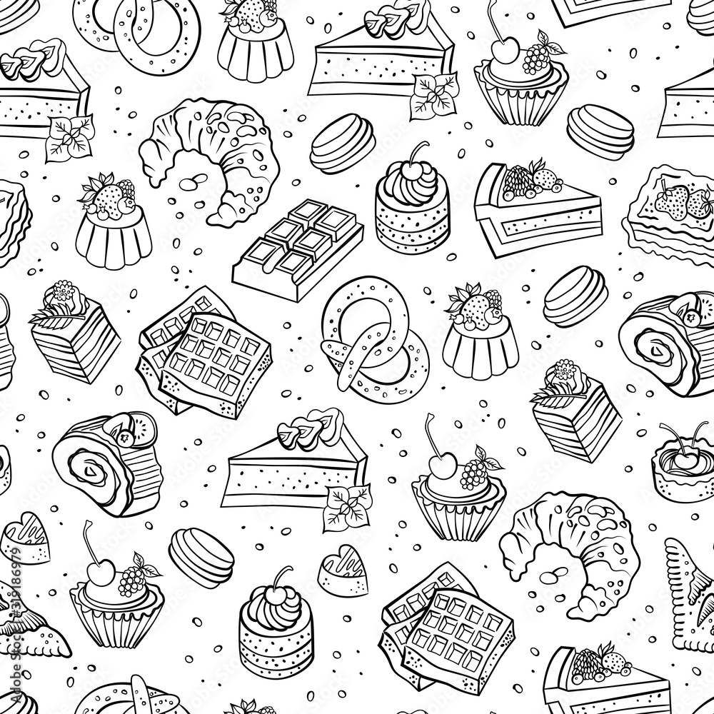 Bakery, cakes,dessert, pastries linear pattern. Hand drawn vector illustration of goodies, sweets, cakes and pastries. Design elements for confectionery and bakery shops. Bakery, cakes,dessert, pastries linear pattern. Hand drawn vector illustration of goodies, sweets, cakes and pastries. Design elements for confectionery and bakery shops.