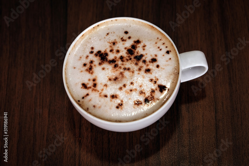 Hot mocha coffee on wooden floors