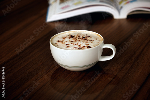 Hot mocha coffee on wooden floors