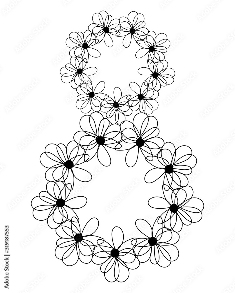 Happy International Women's Day 8 March, Sign 8 of outline flowers, design element, vector illustration