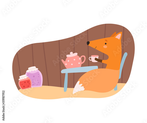 Fox Sitting at the Table and Drinking Tea in Its Tree Hollow Vector Illustration