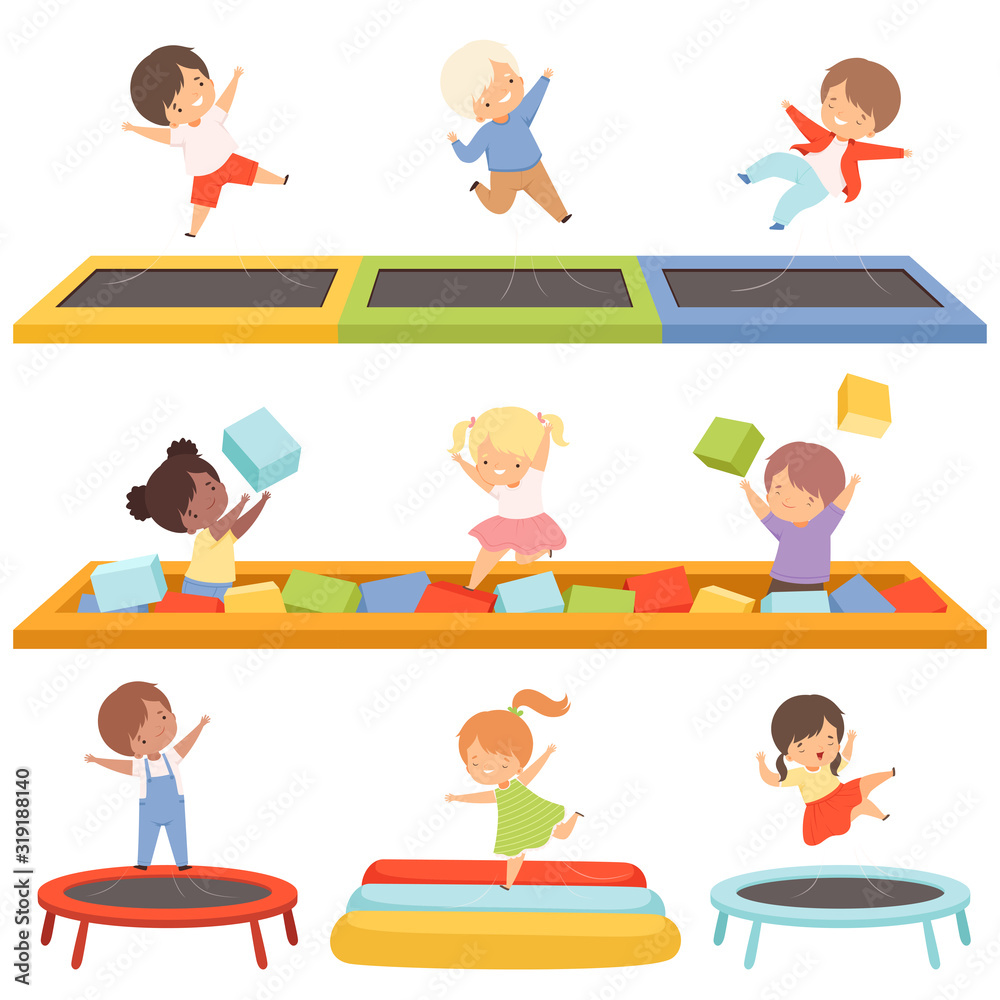 Cute Little Boys and Girls Bouncing on Trampolines and Playing in a Pool with Soft Cubes Collection, Happy Kid Trampolining and Having Fun on Playground, Active Children Leisure Vector Illustration Cute Little Boys and Girls Bouncing on Trampolines and Playing in a Pool with Soft Cubes Collection, Happy Kid Trampolining and Having Fun on Playground, Active Children Leisure Vector Illustration