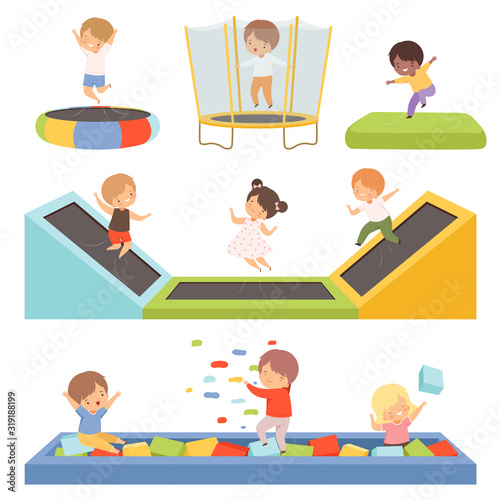 Cute Little Boys and Girls Bouncing on Trampolines and Playing in a Pool with Cubes Collection, Happy Kid Trampolining and Having Fun on Playground, Active Children Leisure Vector Illustration