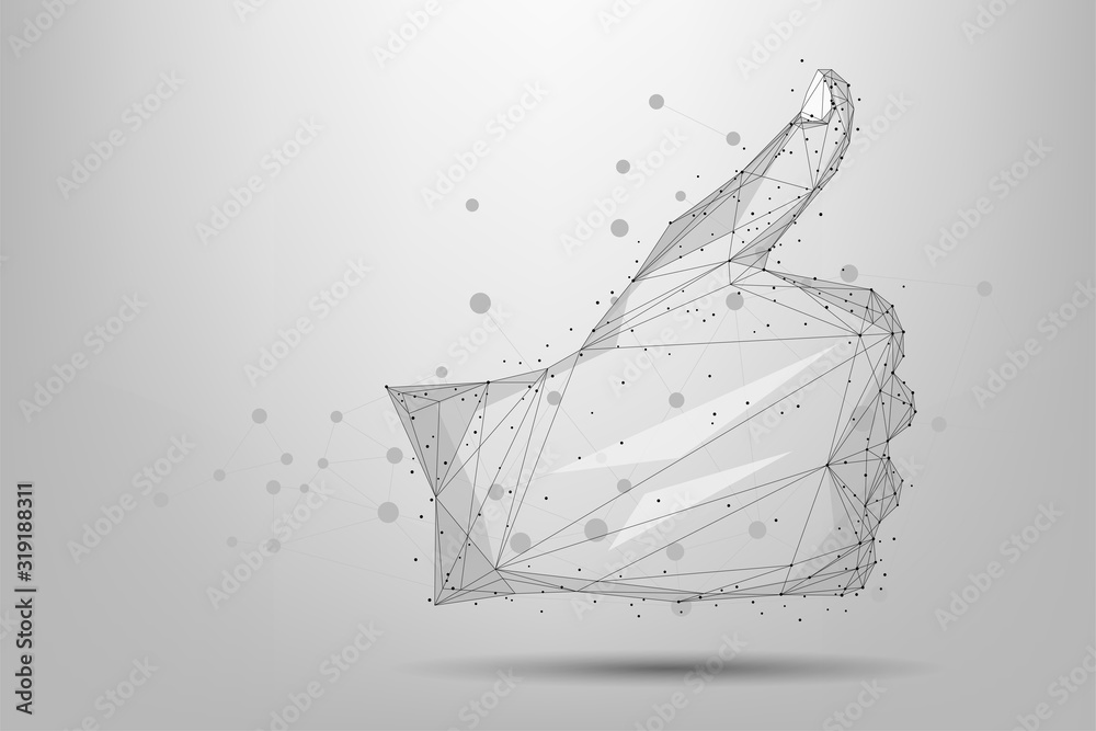 Obraz premium Abstract mash line and point like gesture. Low poly hand Thumb up. Polygonal vector illustration