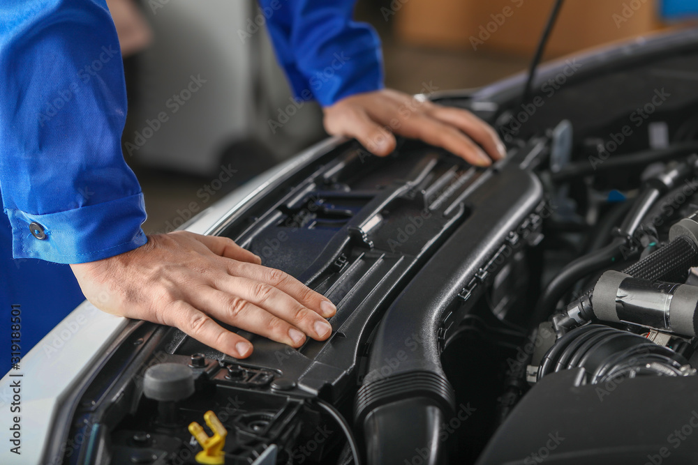 Male mechanic working in car service center