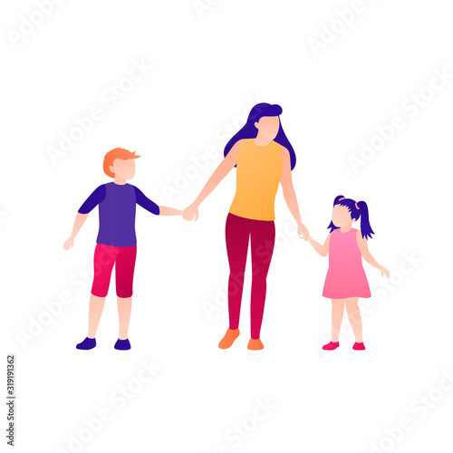 Mom and kids on a walk flat vector illustration. A family of three, a mother daughter and a son on a white, isolated background. Brother and sister during leisure activity time with mother.