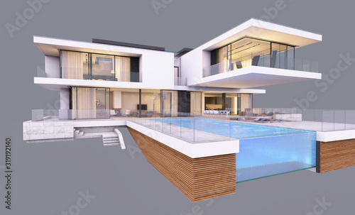 3d rendering of modern cozy house by the river with garage and pool for sale or rent in evening with cozy light from window. Isolated on gray © korisbo