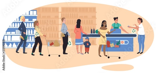 People in grocery store, line at cash desk, supermarket customers, vector illustration. Men and women buying groceries in shop. Hand drawn cartoon characters, scene from grocery store or supermarket