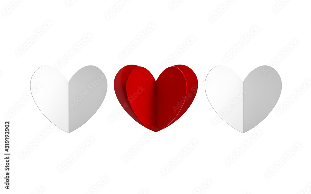Abstract paper heart isolated in white background 3d rendering. 3d illustration Paper elements in shape of heart for Valentines Day greeting card layout/design cover template minimal concept.