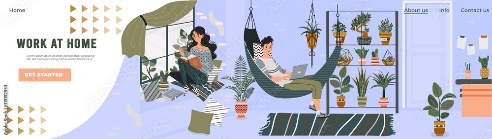 People coworking from home, freelancer worspace lifestyle, vector illustration. Leisure in cozy apartment, woman reading book on windowsill man working laptop in hammock. Work at home comfort website People coworking from home, freelancer worspace lifestyle, vector illustration. Leisure in cozy apartment, woman reading book on windowsill man working laptop in hammock. Work at home comfort website
