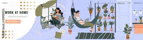 People coworking from home, freelancer worspace lifestyle, vector illustration. Leisure in cozy apartment, woman reading book on windowsill man working laptop in hammock. Work at home comfort website