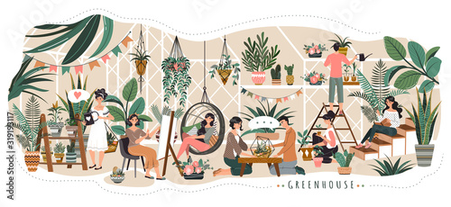 People in greenhouse coworking space for rest and work watering plants and talking with friends, vector illustration. Home plants flowerpots, men and women growing houseplants. Relaxing greenhouse