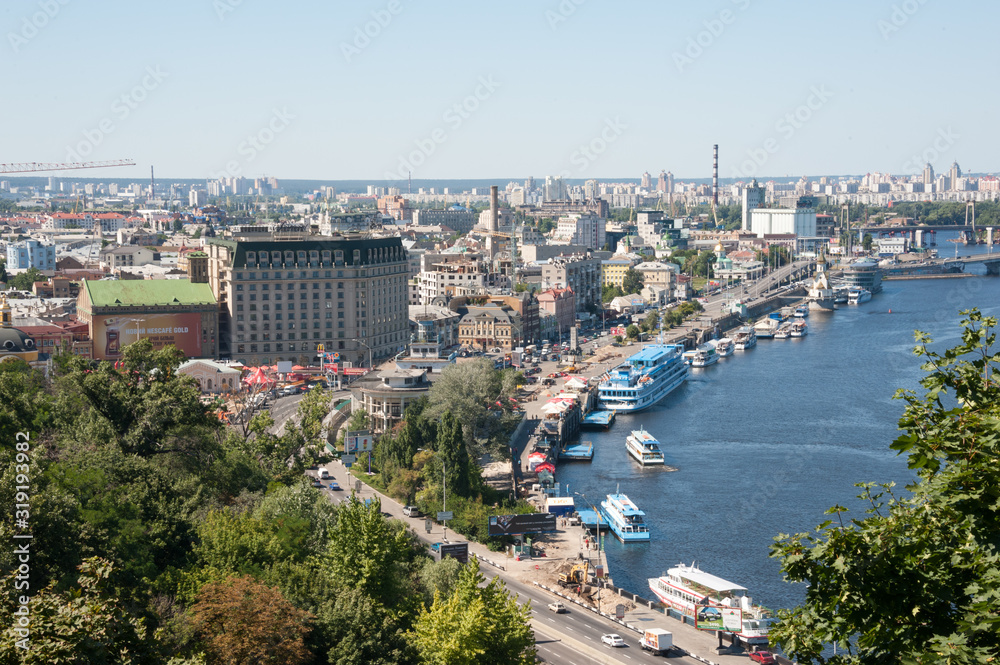 Ukraine, Kiev city, Podolsky district - 24.07.2012: view of the Dnieper river and right bank. landscape