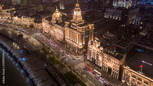 Photography The bund at night, The Bund is a financial district and business centre in the city, Shanghai Bund historical buildings old colonial buildings, Popular tourist destination, Aerial view, China