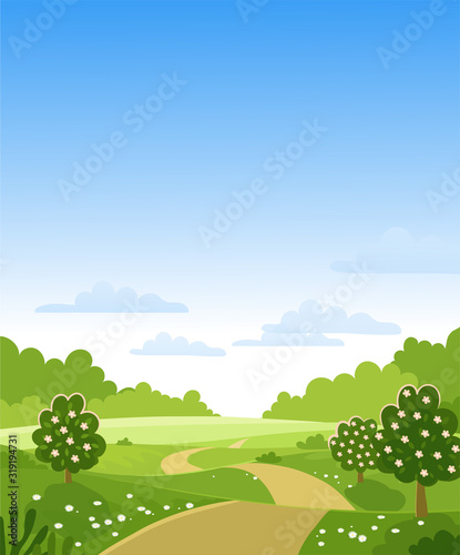 Hello Spring. Flowering trees on the farm. Green hills and meadows, blue sky with clouds, flowers on fruit trees. Card with spring or summer landscape. Flat vector illustration.