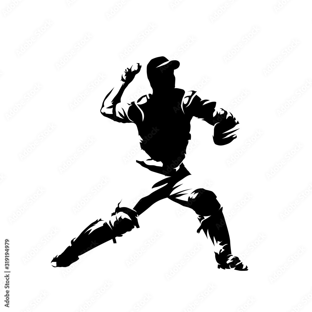 Αυτοκόλλητο Baseball catcher throwing ball, isolated vector silhouette, ink drawing