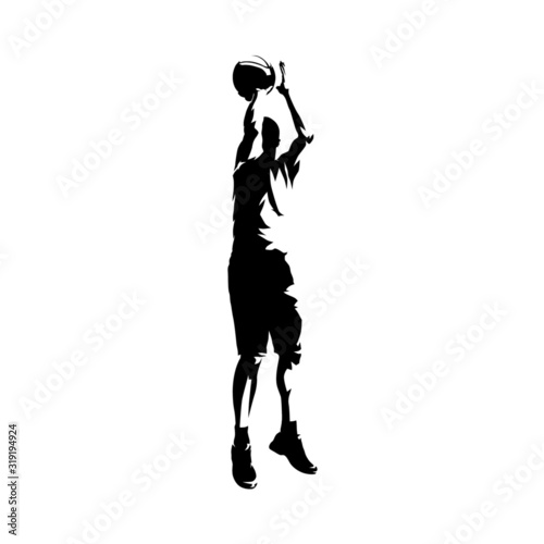 Basketball jump shot, isolated vector silhouette, ink drawing. Front view