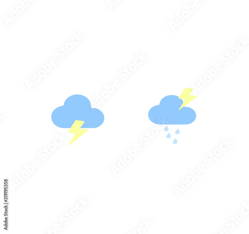 Flat design vector icon collection - weather forecast. Cloudy cloud with thunderstorm and cloud with rain. Cloudy day possible thunderstorm and rain.