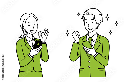 Illustration of a man and a woman having a conversation while holding a smartphone.