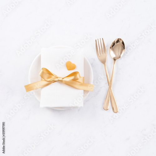 Valentine's Day design concept - Romantic plate dish set for restaurant holiday celebration meal promo for couple and lover dating, top view, flat lay
