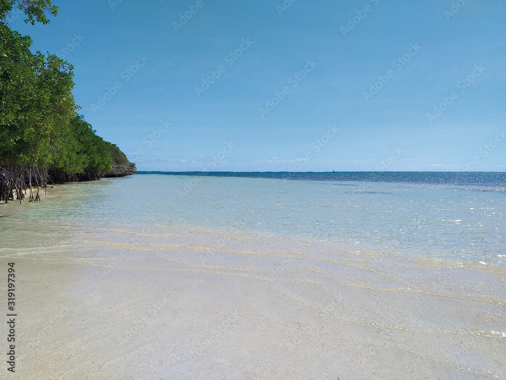 Transparent and turquoise waters of the Caribbean Sea. White sand beach and tropical blue sky. Paradise landscape. Martinique, French West Indies. Transparent and turquoise waters of the Caribbean Sea. White sand beach and tropical blue sky. Paradise landscape. Martinique, French West Indies.