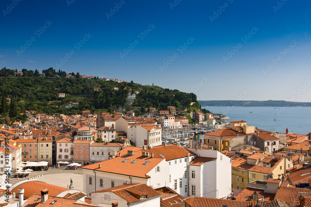 View over the roofs of the town of Piran, Piran, Slovenia, Europe