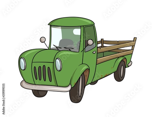 Green farm truck. Delivery and transport. Vector flat illustration, isolated on white background.
