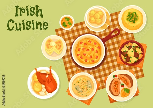 Irish cuisine dishes, vector. Fish, meat and vegetables. Potato pancake farls and cookies, fish soup, beef roll and cabbage ham casserole, lamb stew and baked rabbit