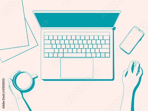 Flatlay with a workplace. Office desk top view - hands with a cup of coffee, laptop, phone and paper. Vector illustration