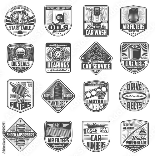 Car service retro icons with repair spare parts. Vehicle engine, motor oil and shock absorbers, oil, fuel and air filters, mechanic gear, bearings and wiper, car number and washing machine