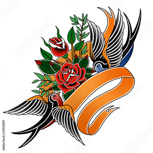Swallows and rose with ribbon love concept traditional tattoo design illustrations