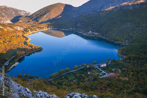 View of the heart shaped Scanno lake, the most charming and the most visited lake in Abruzzo photo