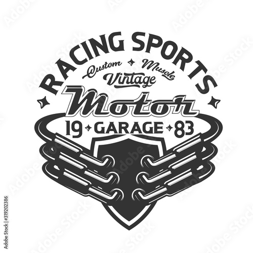 Race car exhaust pipes on shield vector t-shirt print. Car racing and motor sport fashion design of vintage mechanic garage apparel, motorsport team uniform clothes, autocross and rally activewear