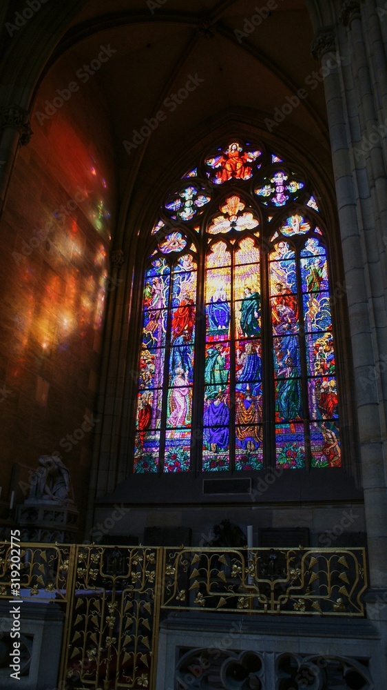Prague Visit Tourist,  St. Saint Vitus Cathedral inside stained glass, Czech Republic