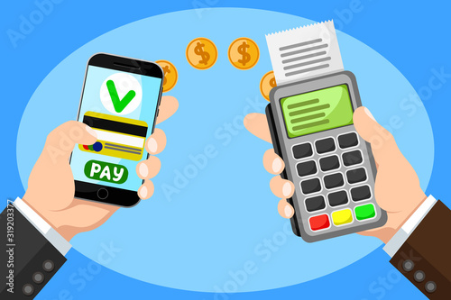 Mobile payment, payment for purchases, services. The hand with the phone and the payment terminal