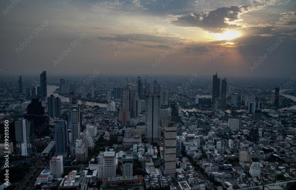  panoramic skyline of Bangkok at sunset from King Power Mahanakhon, Bangkok, Thailand