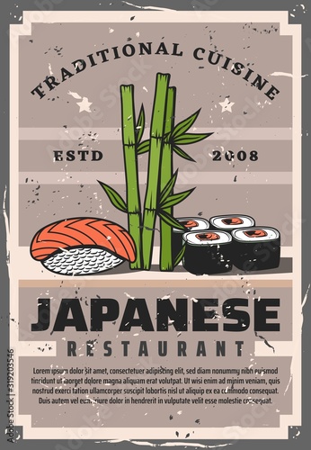 Japanese sushi rolls and fish nigiri vector design of Asian food with rice, salmon and tuna, seaweed nori and avocado retro poster with bamboo sprouts. Asian seafood restaurant and sushi bar menu