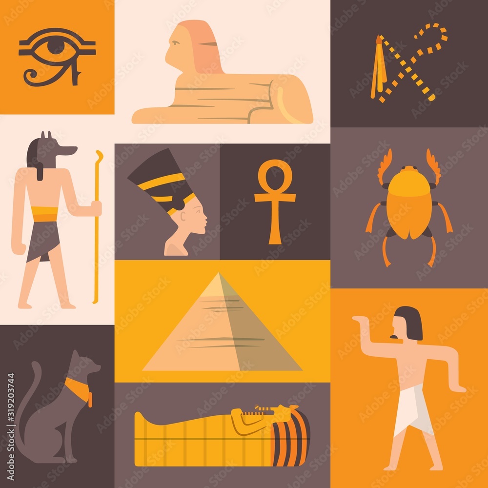 Ancient Egypt icons in flat style collage, vector illustration. Set of ...