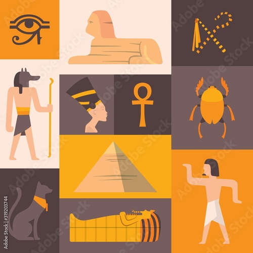 Ancient Egypt icons in flat style collage, vector illustration. Set of stickers with Egyptian landmarks, pyramid, sphinx and mummy sarcophagus. Travel agency brochure cover, history museum booklet