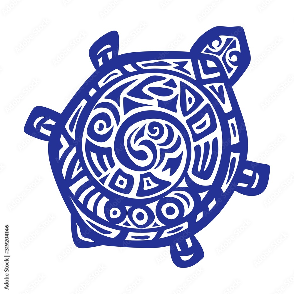 Stylized drawing of a turtle with an ornament. Blue object isolated on white background. Logo, print, symbol or tattoo. Ethno style. Vector illustration.