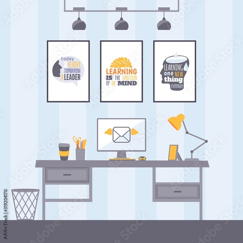 Workplace with inspirational posters, vector illustration. Modern office interior, desktop with computer monitor and lamp. Motivational workspace setup for professional manager, enthusiastic leader
